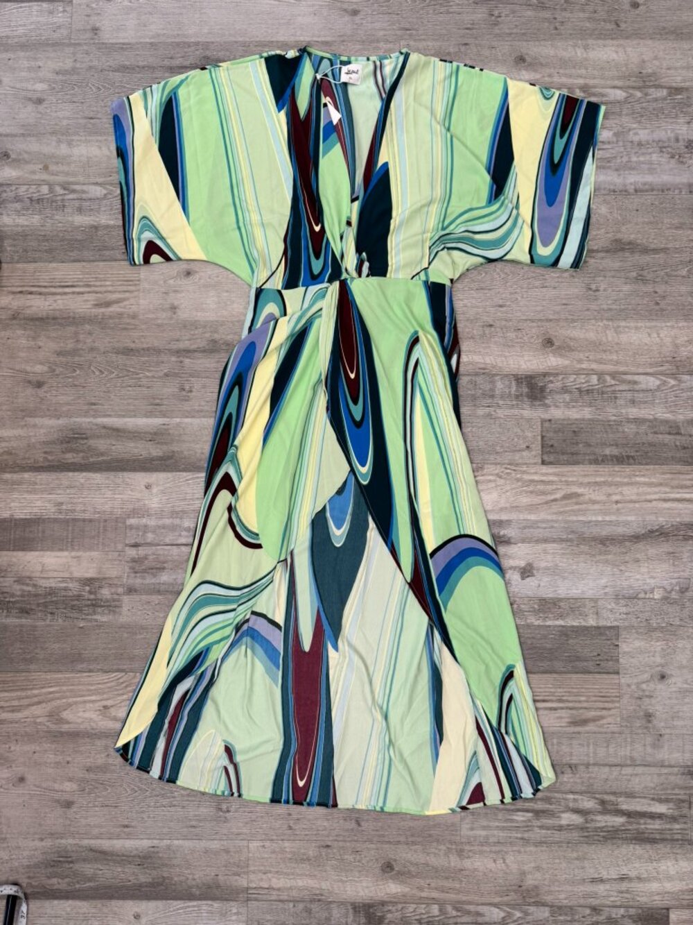 Lezat NWT Green Faux Wrap Hi Low Hem Dress Size XL Lightweight, 70's Style S25